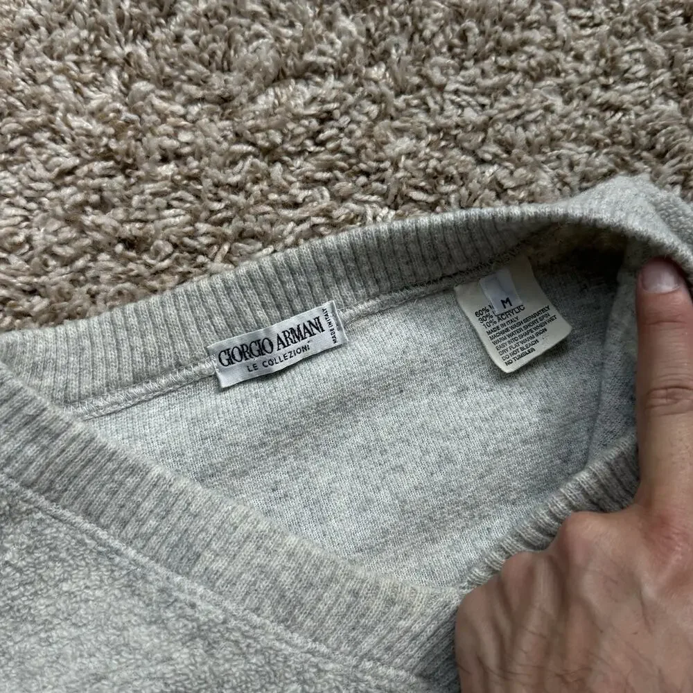 Vintage Giorgio Armani Wool Blend V-Neck Sweater Light Grey Pullover Mens Size M